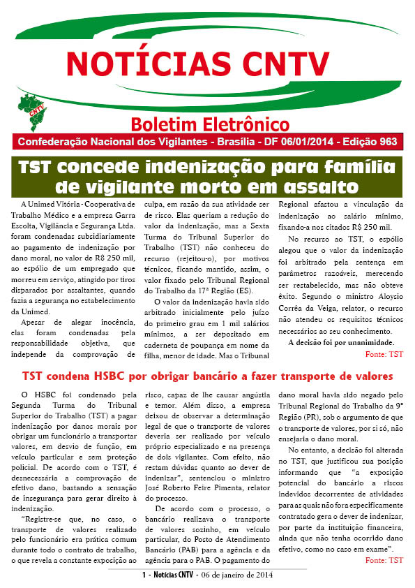 Boletim eletrônico da CNTV 06/01/2014
