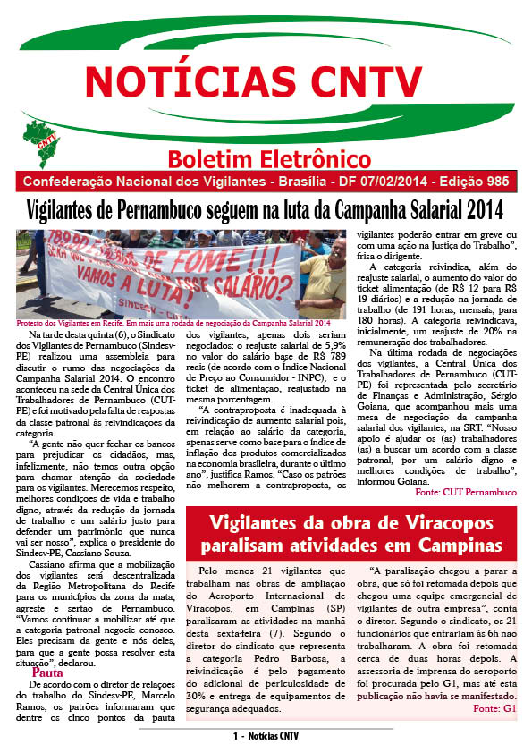Boletim eletrônico da CNTV 07/02/2014