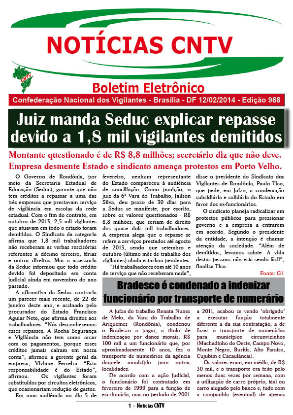 Boletim eletrônico da CNTV 12/02/2014