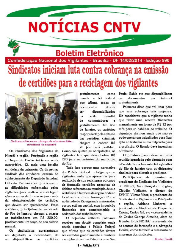Boletim eletrônico da CNTV 14/02/2014